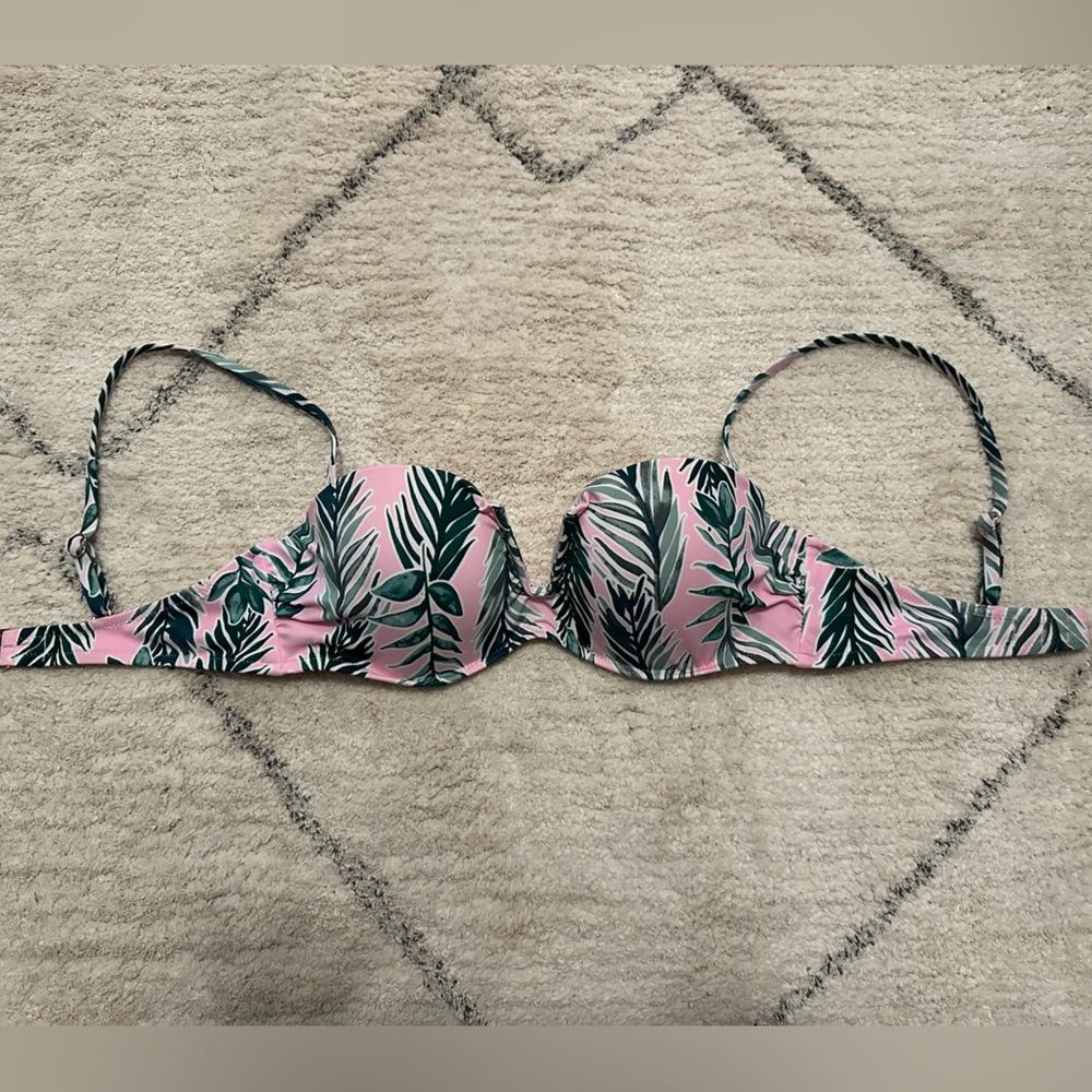 Pink and Green Leaf Print Bikini Top